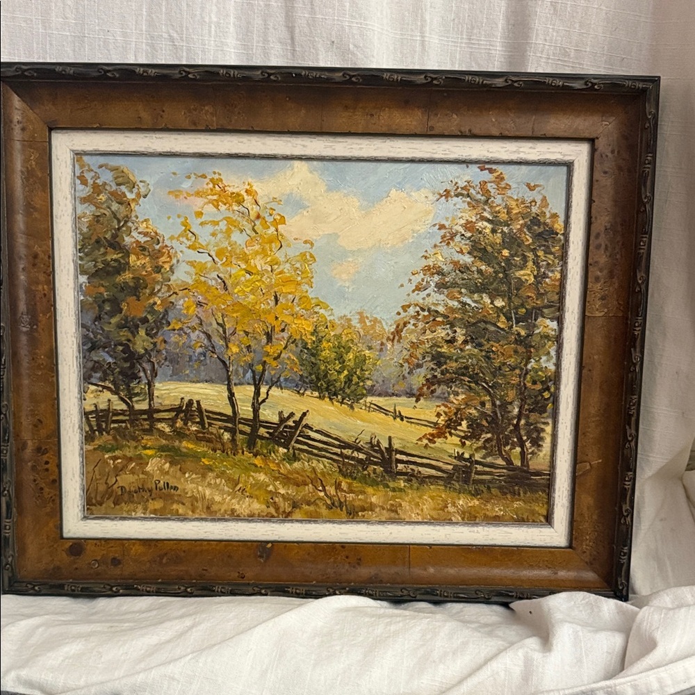 Vintage Dorothy Pullan origin signed frame oil painting Rustic Autumn Landscape